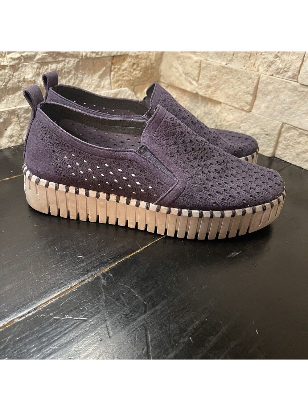 Ilse Jacobsen Navy Perforated Slip-On Flats with Cream Platform